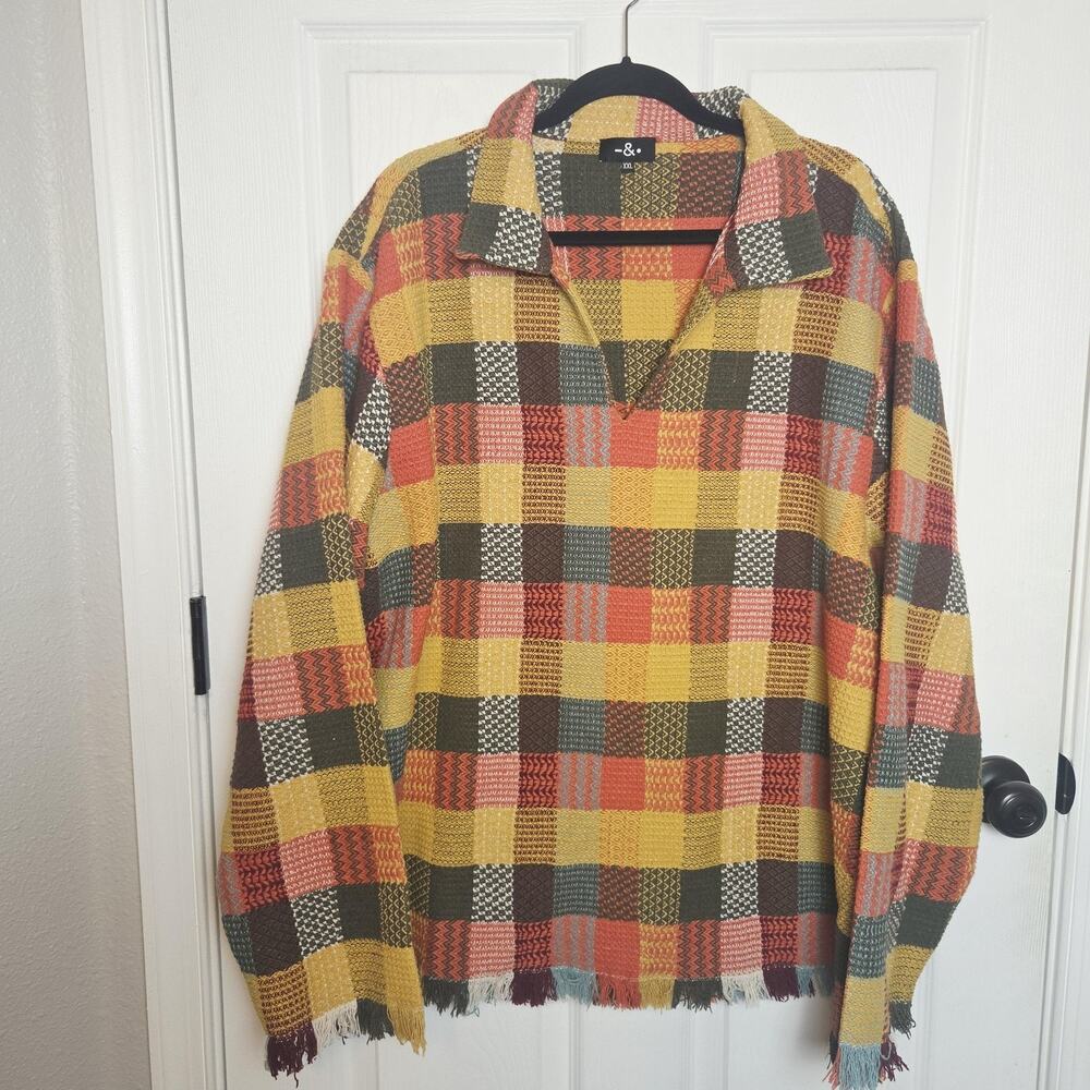 Dash And Dot Sweater XXL Multicolor Patchwork Plaid Collared Fringe Waffle Knit